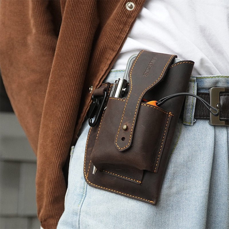 Vintage Leather Waist Phone Bag with Keychain | Outdoor Activity & Daily Use | Genuine Leather