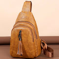 Camel brown PU leather sling bag front view