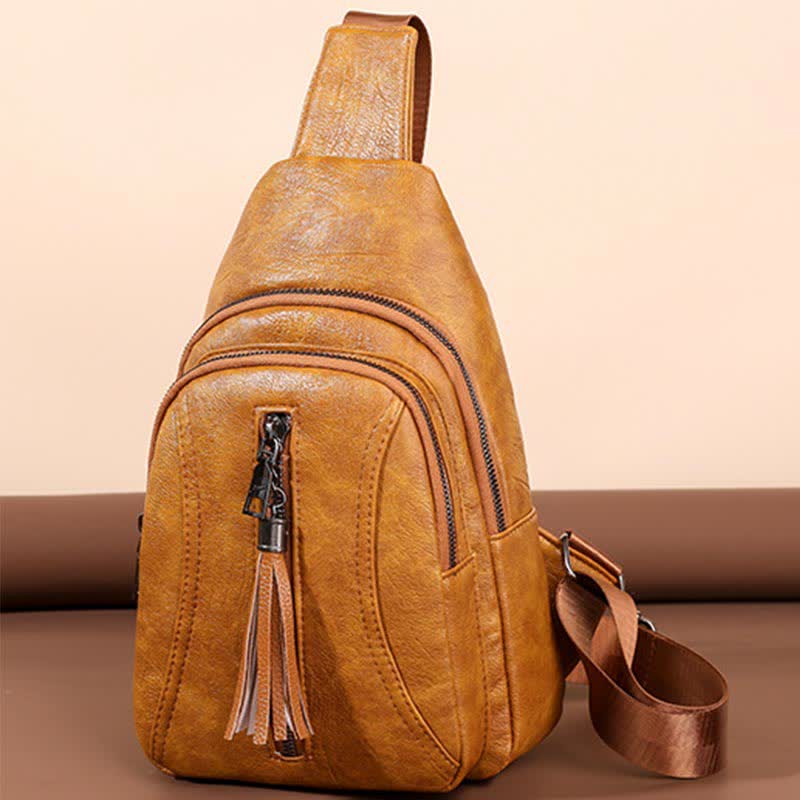 Camel brown PU leather sling bag front view