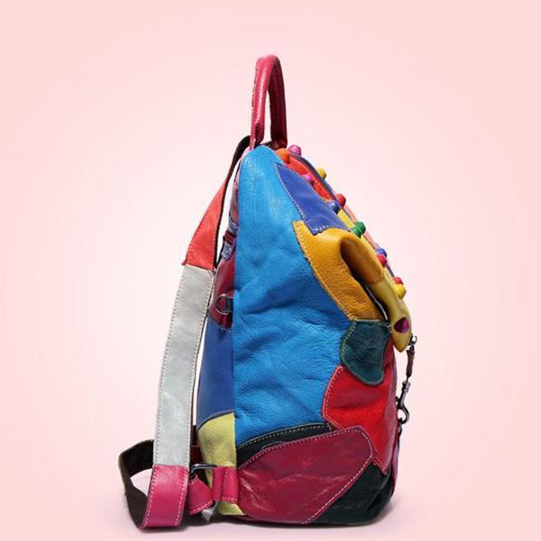 Women's Genuine Leather Splice Rivet Backpack - Stylish & Durable Shoulder Bag for School, Travel, & Daily Use