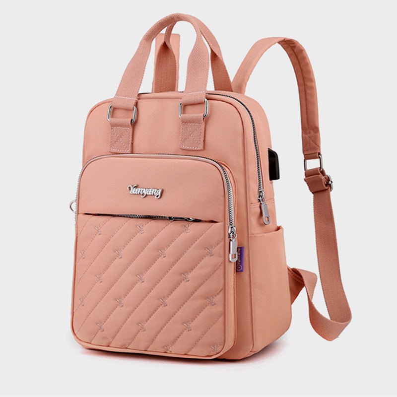 Lightweight Embossed Embroidery Backpack with USB Charging Port – Perfect for Women on the Go