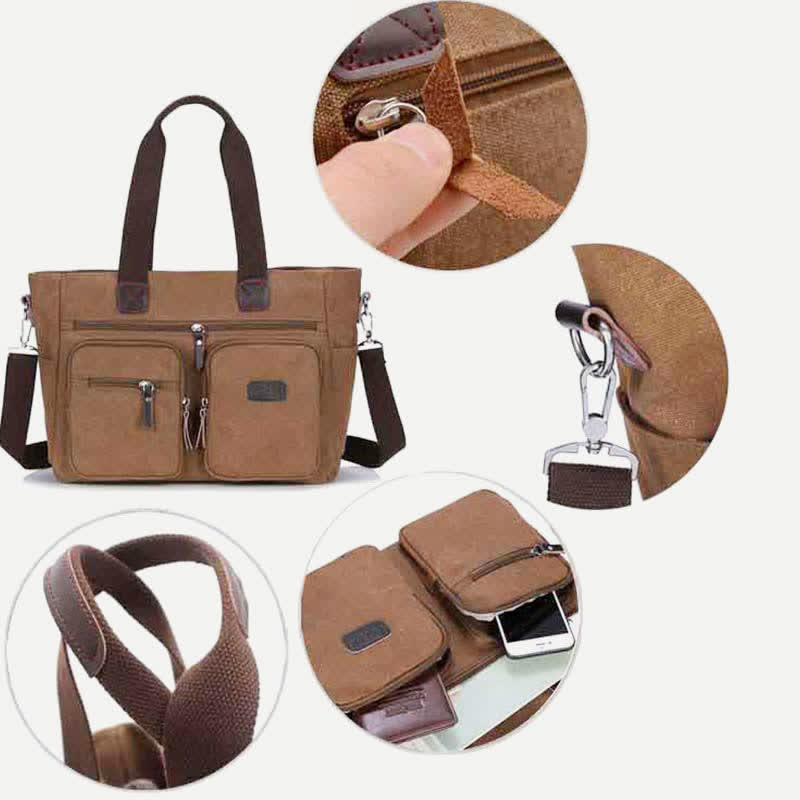 Multi - Pocket Canvas Tote Handbag for Women & Men – Retro Laptop Bag with Adjustable Straps