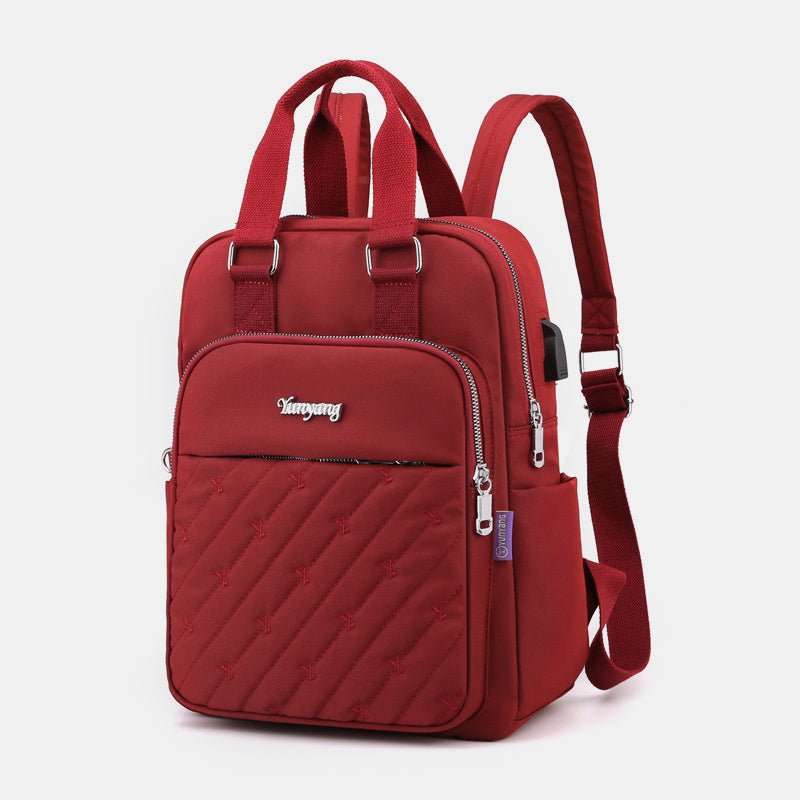 Lightweight Embossed Embroidery Backpack with USB Charging Port – Perfect for Women on the Go