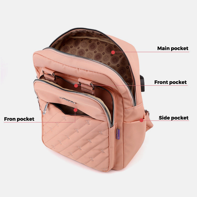 Women's lightweight embroidered backpack with USB port