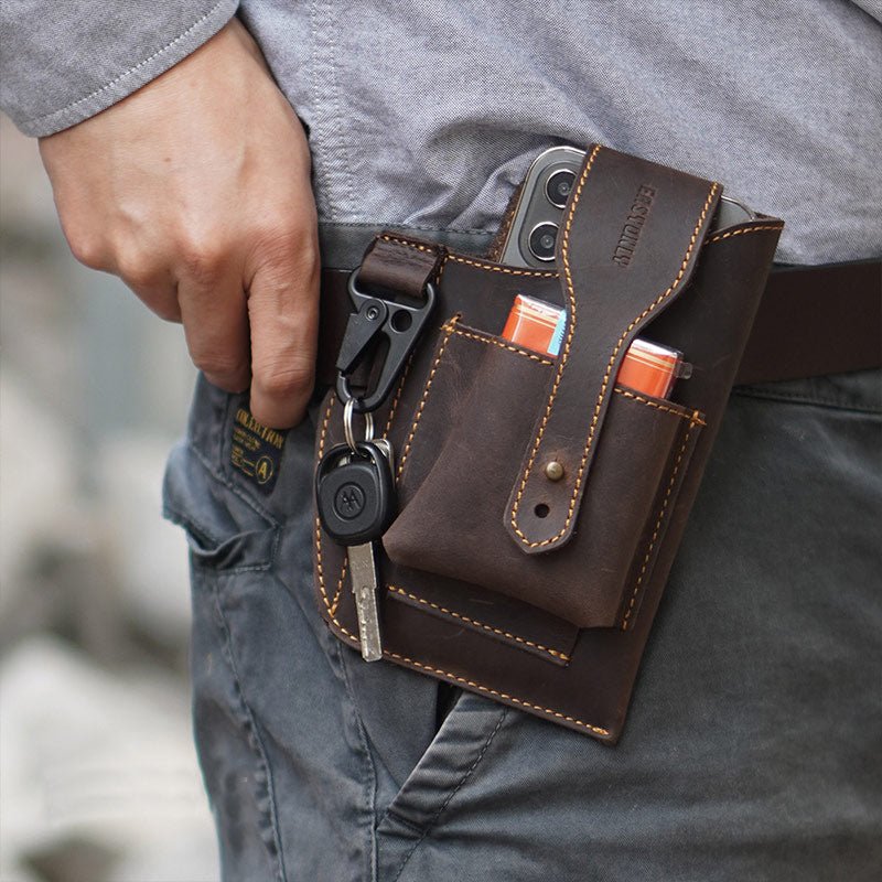 Vintage Leather Waist Phone Bag with Keychain | Outdoor Activity & Daily Use | Genuine Leather