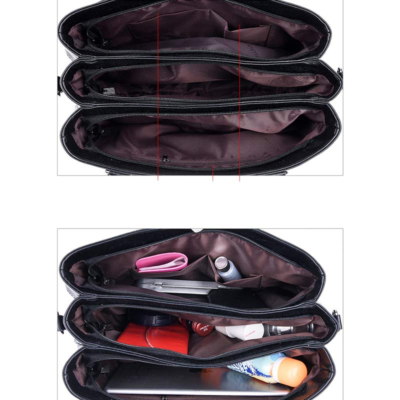 Women's triple compartment leather tote handbag