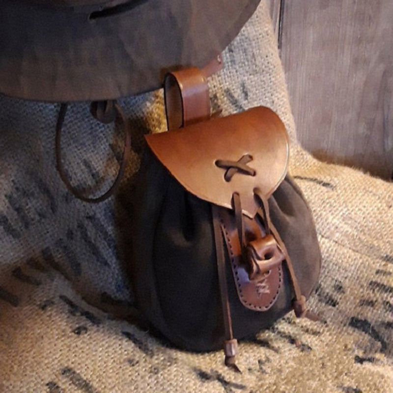 Retro medieval leather waist bag with drawstring closure