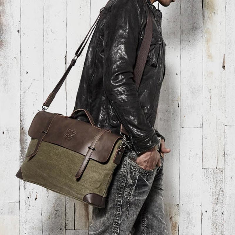 Messenger Bag for Men – Canvas Vintage Crossbody Handbag with Crazy Horse Leather, Casual Business Document Bag