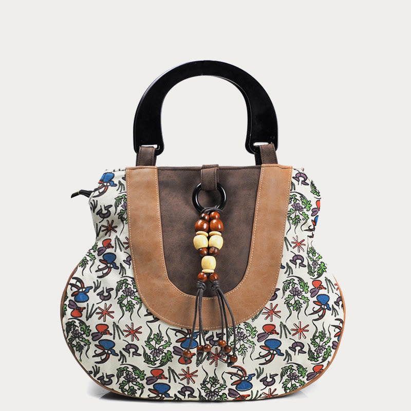 Women's ethnic print canvas top-handle bag