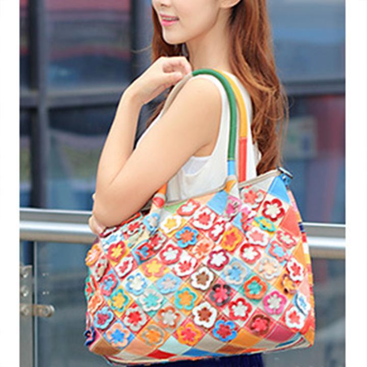 Genuine Leather Multicolor Flower Boho Handbag – A Touch of Artistic Elegance