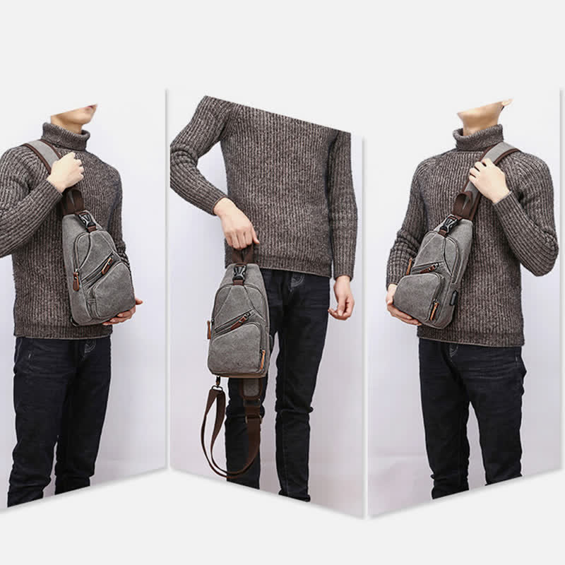 Canvas Sling Bag Crossbody Backpack – Casual Rucksack with USB Charging Port
