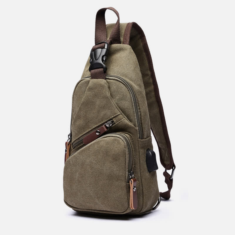 Canvas Sling Bag Crossbody Backpack – Casual Rucksack with USB Charging Port