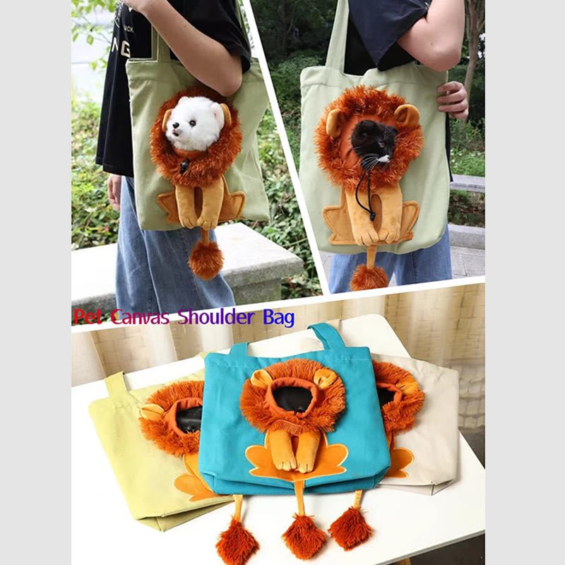 Pet Carrier for Small Animals - Travel Canvas Shoulder Bag with Cute Lion Design